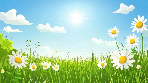 Daisy flowers in tall green grass under clear midday sky.