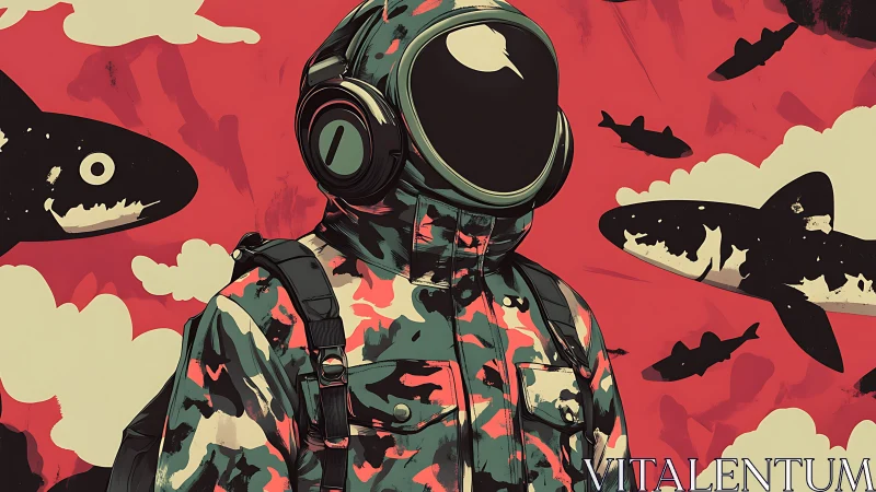 Camouflaged astronaut figure with sharks on red background.