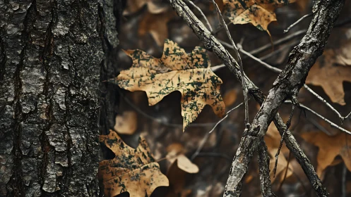 Textured oak bark and fallen leaves in muted autumn palette.