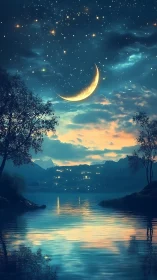 Crescent moon illuminates tranquil lakeside under luminous stars