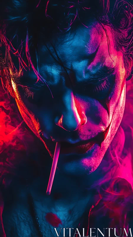 Neon smoke engulfs a brooding clown in intense close-up