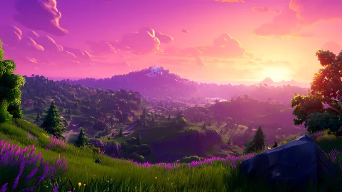 Vibrant stylized valley glows under intense magenta sunset