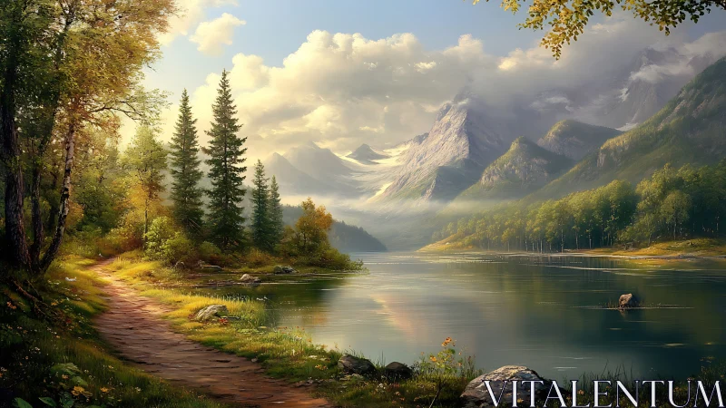 Golden forest path welcomes calm beside a quiet mountain lake