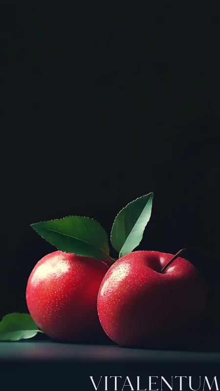 Red apples with green leaves on dark minimalist background.