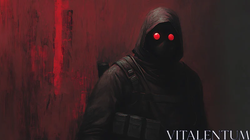 Hooded figure with glowing red goggles stands in darkness