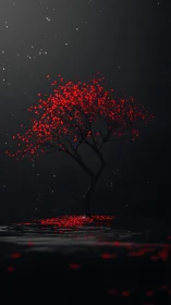 Solitary red tree glows against a moody dark horizon.