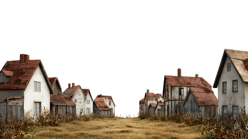 Old rural houses aligned along overgrown grassy path.