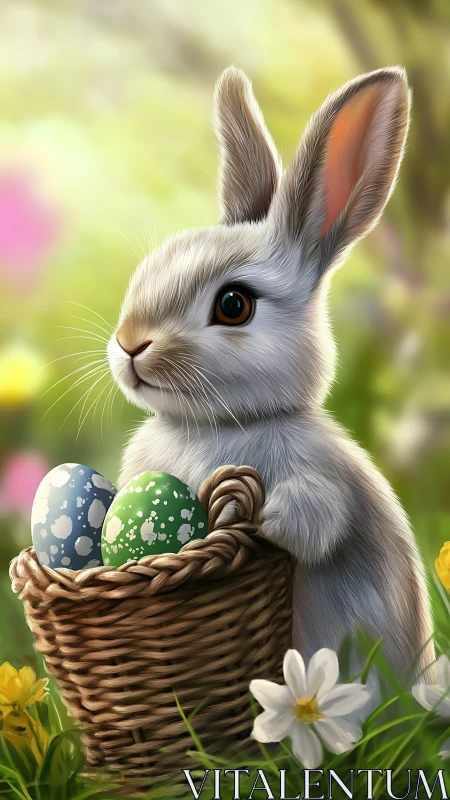 Gentle springtime bunny holding a basket of bright eggs.