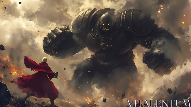 Storm-lit showdown between lone warrior and raging titan.