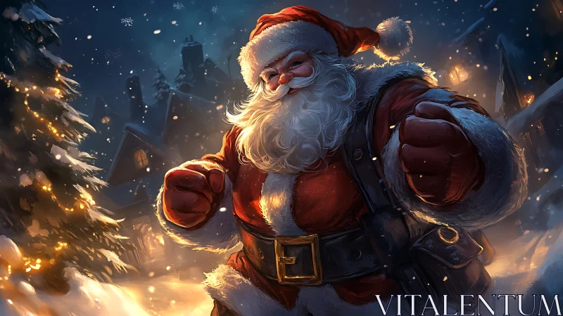 Jolly winter Santa marching through glowing snowy village.