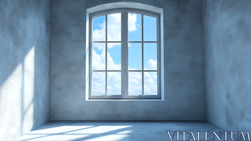 Illuminated plaster chamber with arched multipane window study.