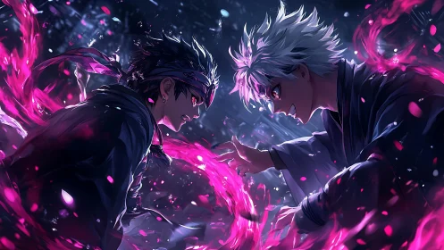 Dueling sorcerers locked in neon magenta energy clash at night.