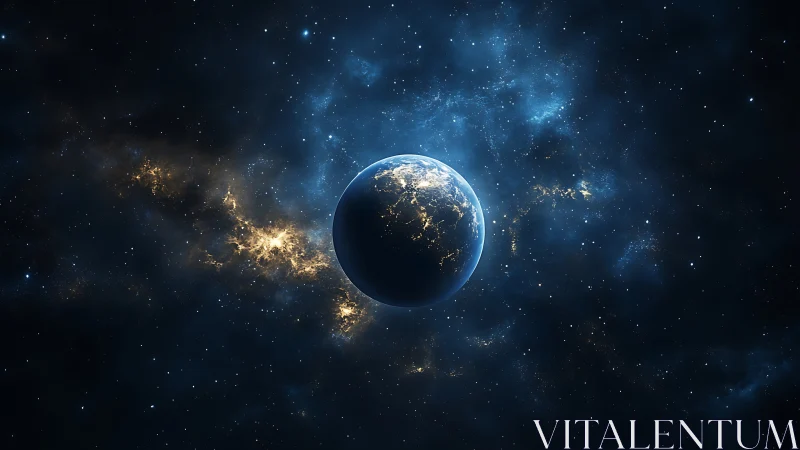 Galactic night planet with glowing city lights in orbit.