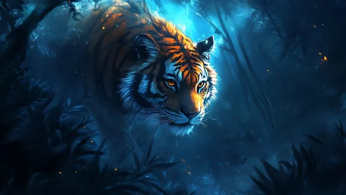 Luminous tiger prowls through a misty neon-blue jungle night
