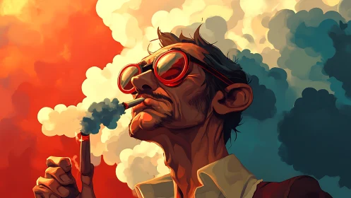 Smoker with red glasses exhales clouds in vivid sunset