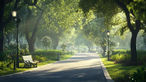 Sunlit tree lined park path with benches and lampposts