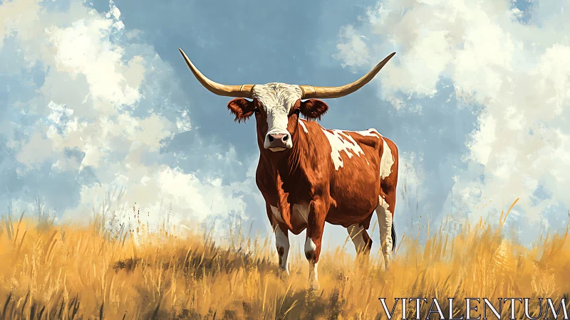 Texas longhorn standing in dry field under cloudy sky.