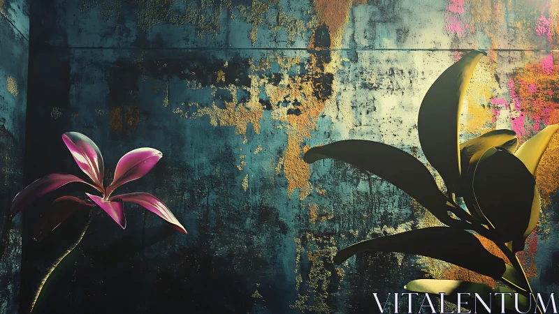 Floral Forms Against Distressed Texture Wall.
