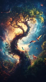 Starlit life tree cradling a glowing sky of wild wonders.