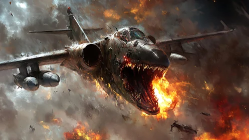 Warplane morphs into fiery monster jaw amid chaos and fire.