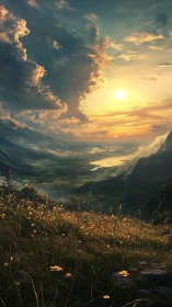 Sunlit alpine valley with wildflower meadow at sunset