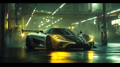 Sleek midnight supercar glows under moody city lights