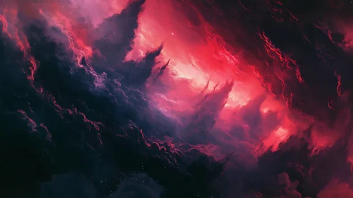 Crimson nebula storms swirling through a dreamlike night sky.