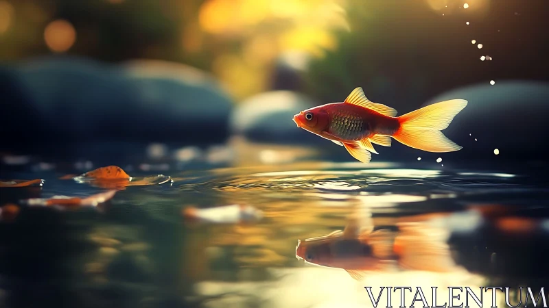 Goldfish leaping above pond surface with autumn bokeh light