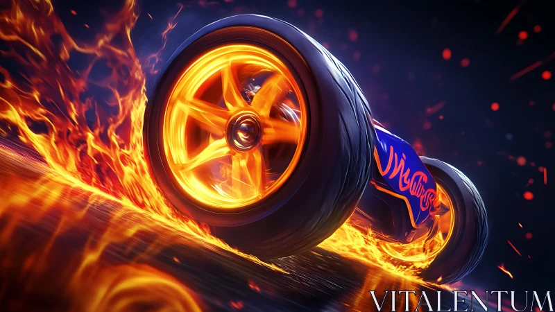 Flaming racing wheels burn across neon highway at speed.