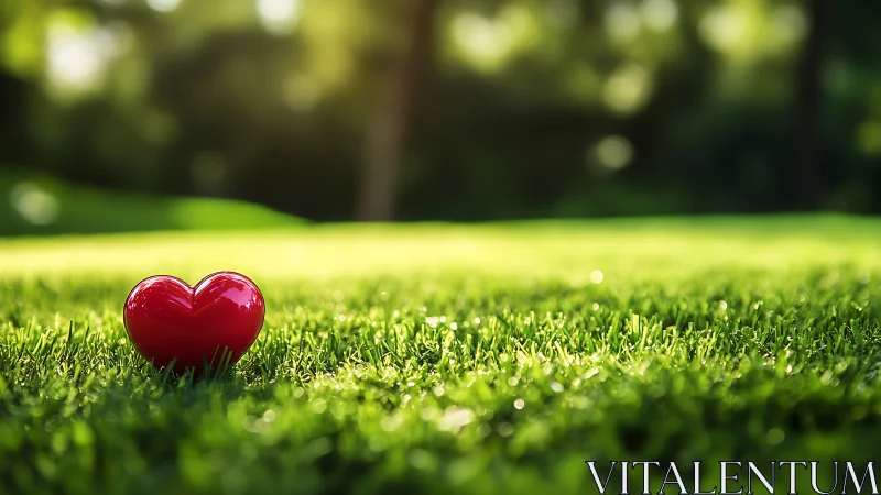 Crimson heart rests on vibrant green grass with bokeh background