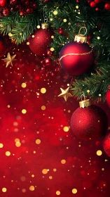 Sparkling red ornaments glow warmly on a festive tree