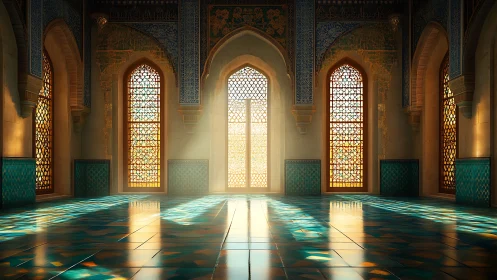 Sunlit mosaic hall glowing with patterned windows and calm.