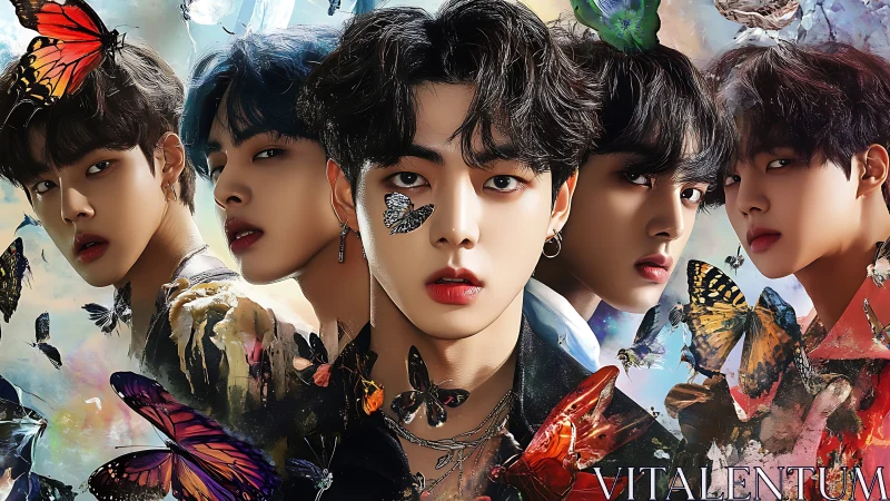 K-pop style boy band portrait with vivid butterflies.