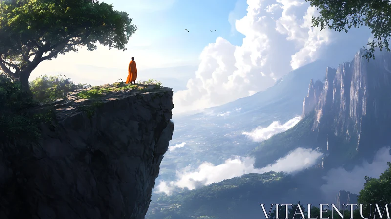 Solitary monk contemplates vast sunlit valley from cliff edge.