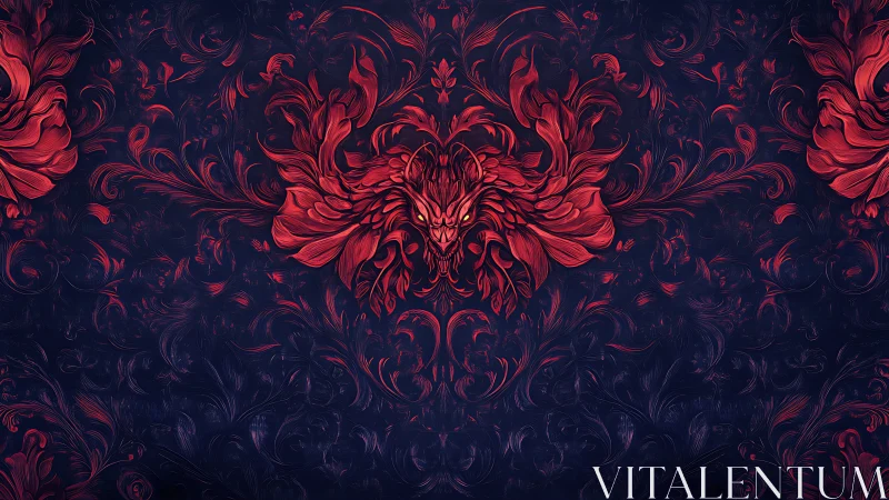 Crimson floral dragon emerges from swirling midnight foliage.