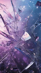 Shattered glass fragments on purple and blue gradient background.