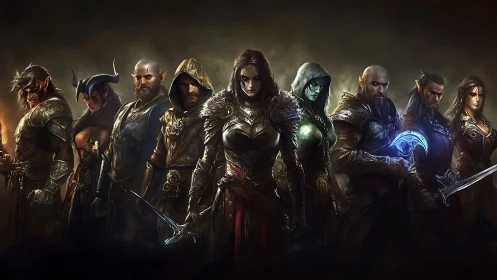 Legendary fantasy heroes standing united in battle-ready calm.