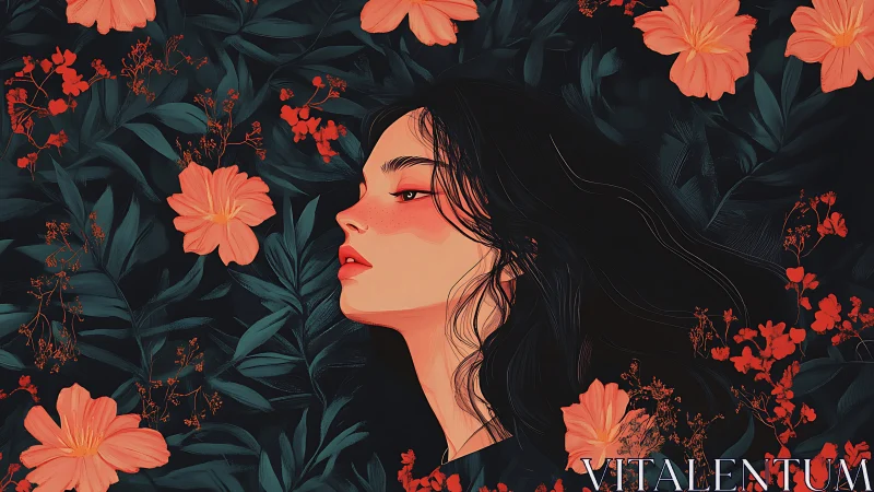 Woman in profile rests amid glowing coral blossoms.