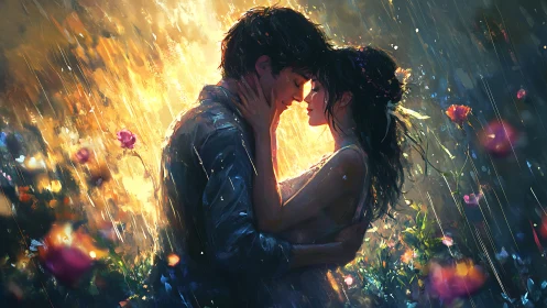Luminescent Embrace: Digital Painting of Romantic Union in Rain.
