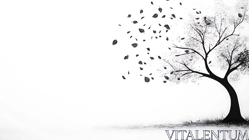 Minimalist black tree sheds leaves into stark white space.