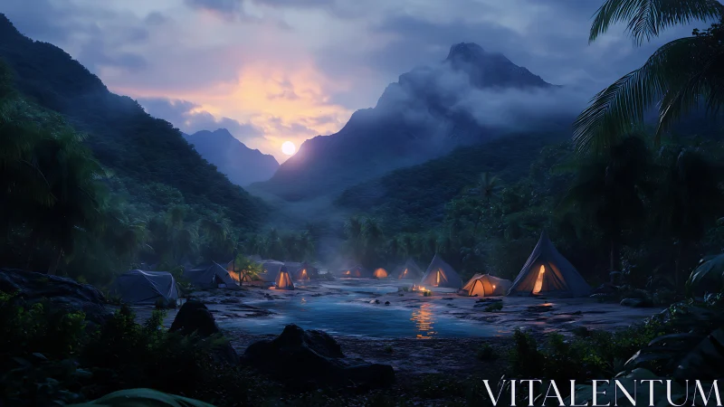Glowing Riverside Encampment in a Mystical Mountain Valley