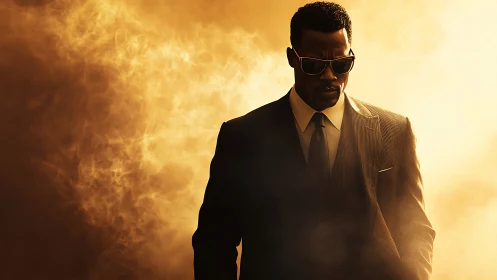 Man in dark suit walks through dense golden smoke cloud