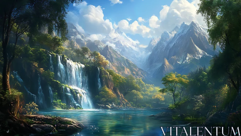 Sunlit waterfall descends into tranquil alpine lake valley