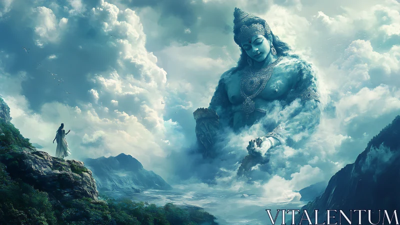 Mythic sky deity emerging from storm-laden mountain clouds.