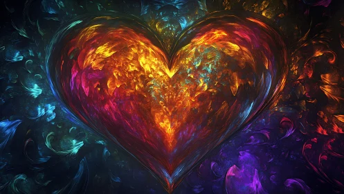 Flaming fractal heart radiates cosmic energy and emotion