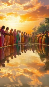 Women in colorful saris stand by reflective water at sunset