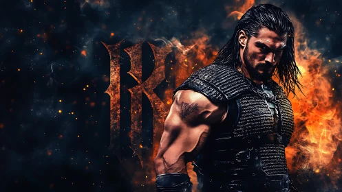 Armored warrior stands amid swirling fire and embers.