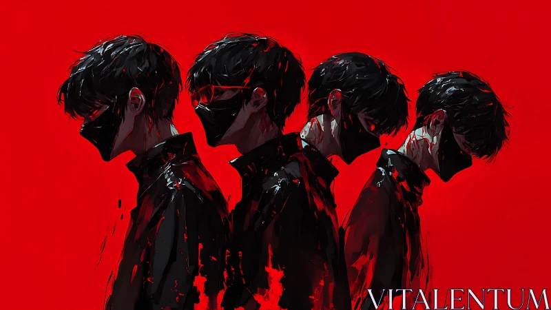 Masked figures in dark coats repeat against flat red background