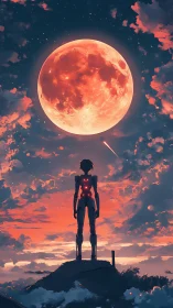 Cyborg silhouette observes colossal red moon at twilight sky