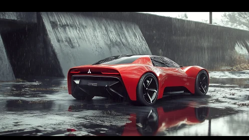 Low-slung red concept supercar with wet-surface reflections in rain
